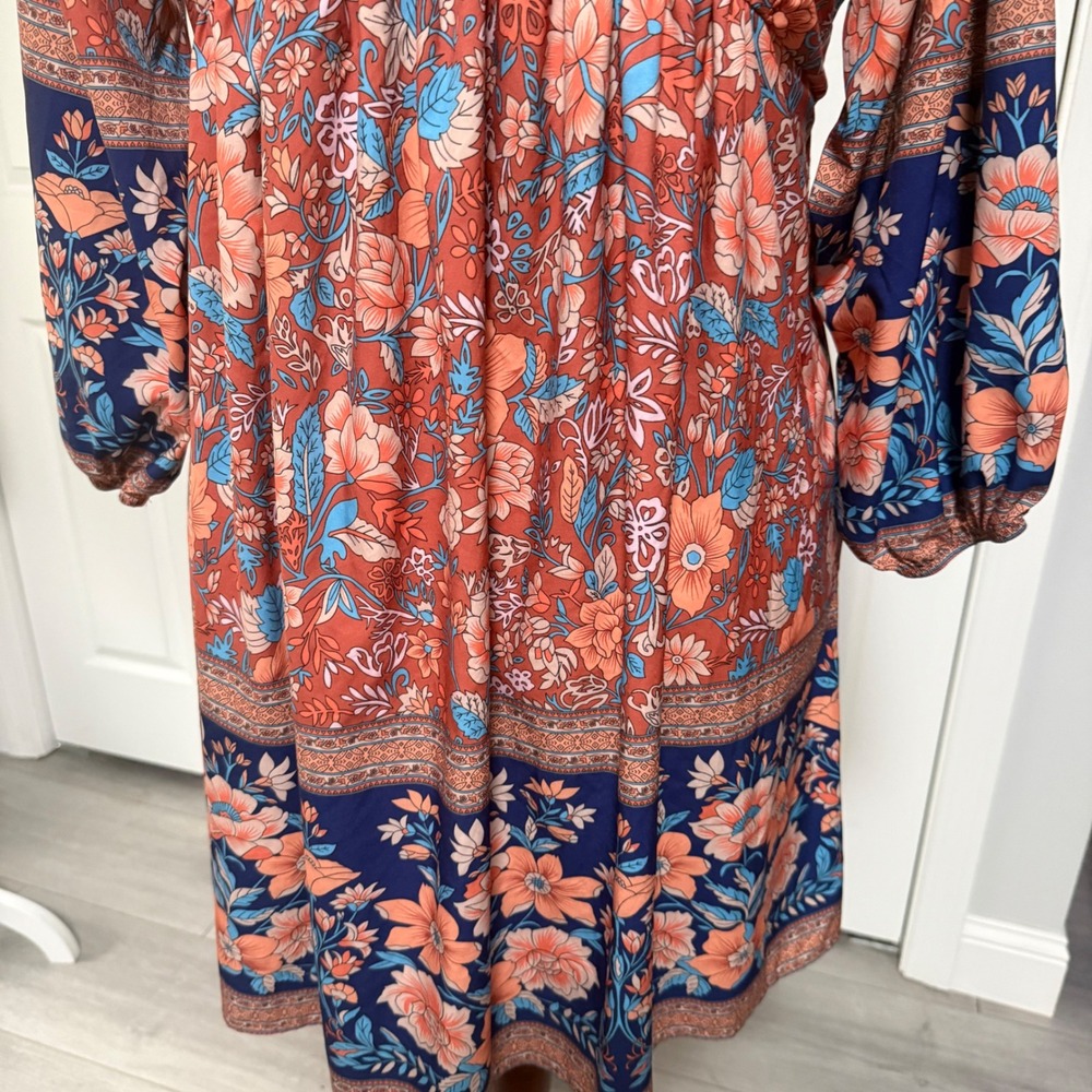 Flowy Bohemian Orange Blue Paisley Floral Mini V Neck Womens Large Dress cottage - Picture 10 of 10
